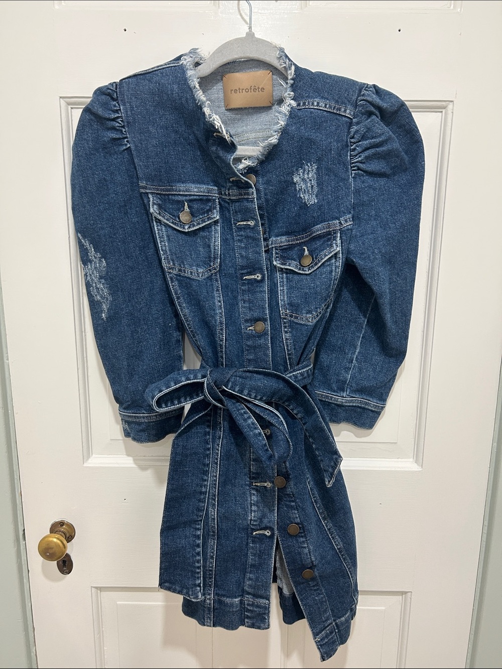 Retrofete Distressed Dark Blue Denim Jacket Dress with Tie Waist